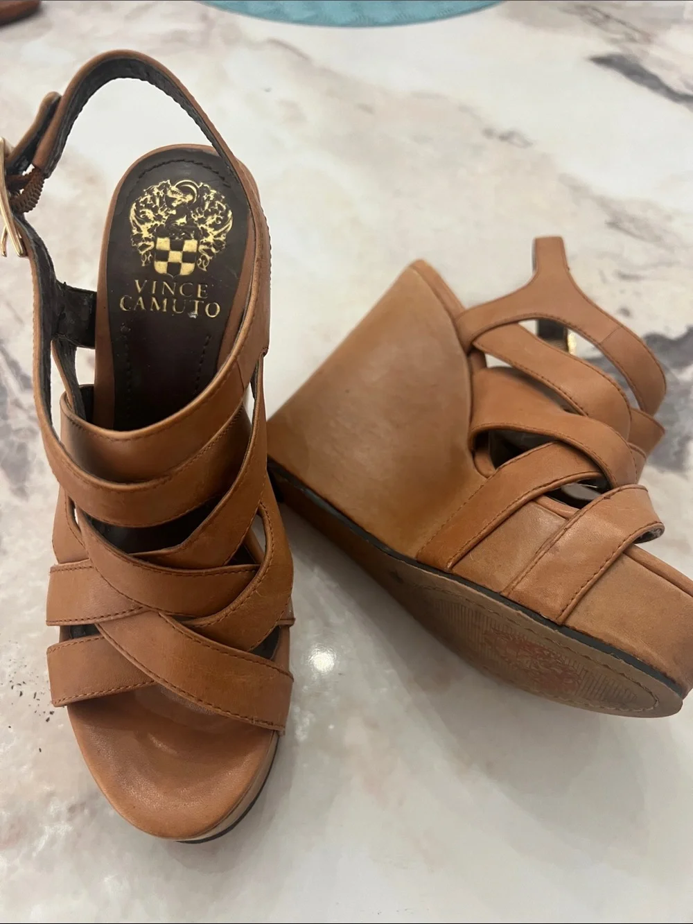 Vince Camuto Tan Leather Crisscross Platform Sandals
